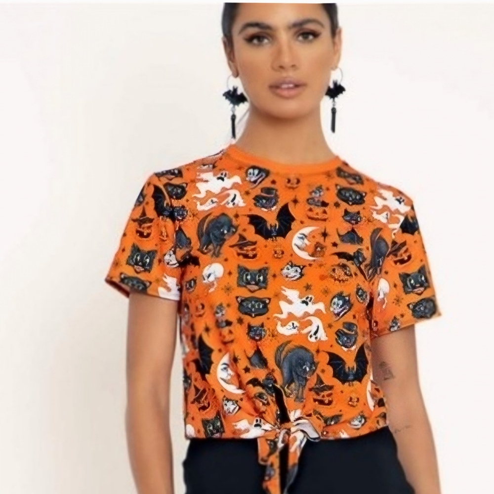 Blackmilk Trick Or Treat Retro Halloween Tie Front Tee